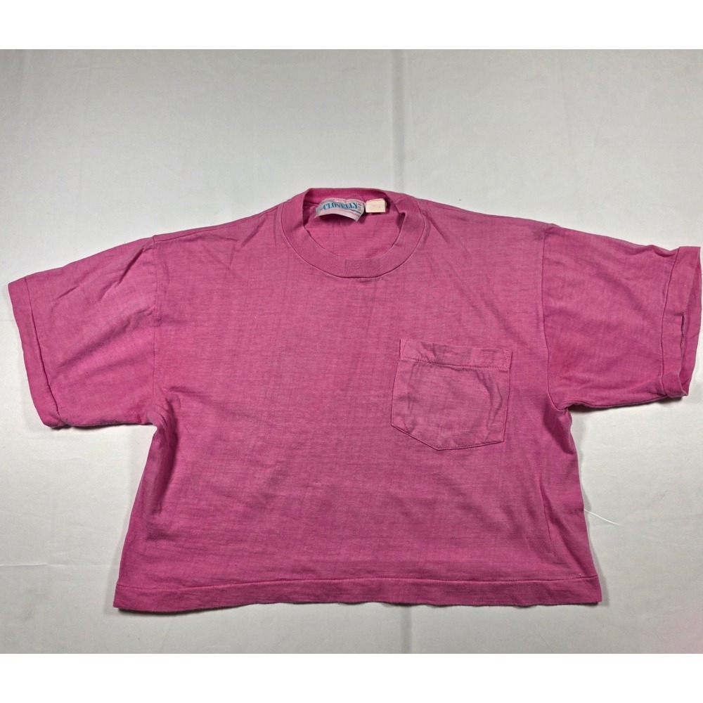 Vintage Clovelly Pink Boxy‎ Cropped Pocket T-Shirt Single Stitch 80s Retro L
